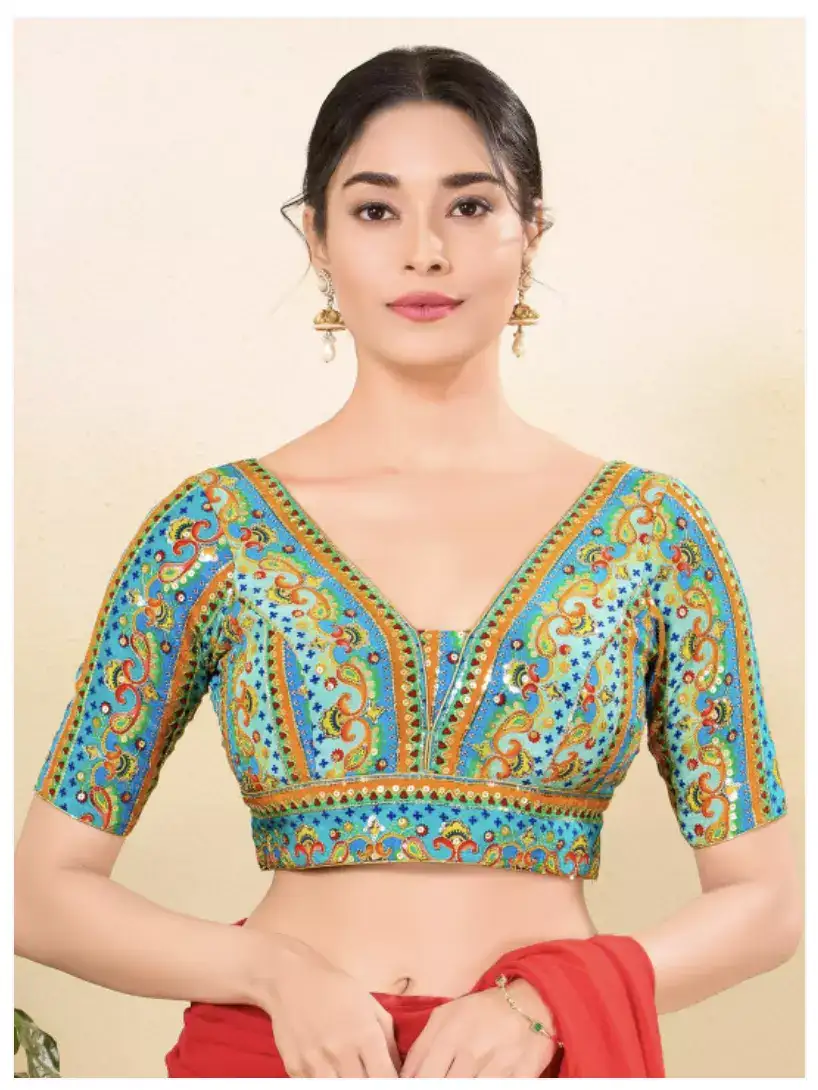 Image for VamasSequinnedEmbroideredSilkV-NeckPaddedReadymadeBlouse