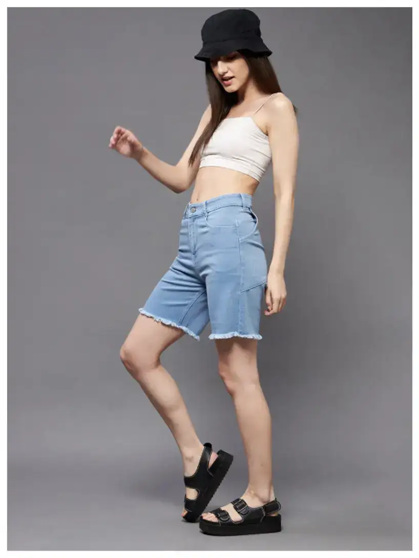 Image for MissChaseWomenBlueMid-RiseFrayedDenimShorts