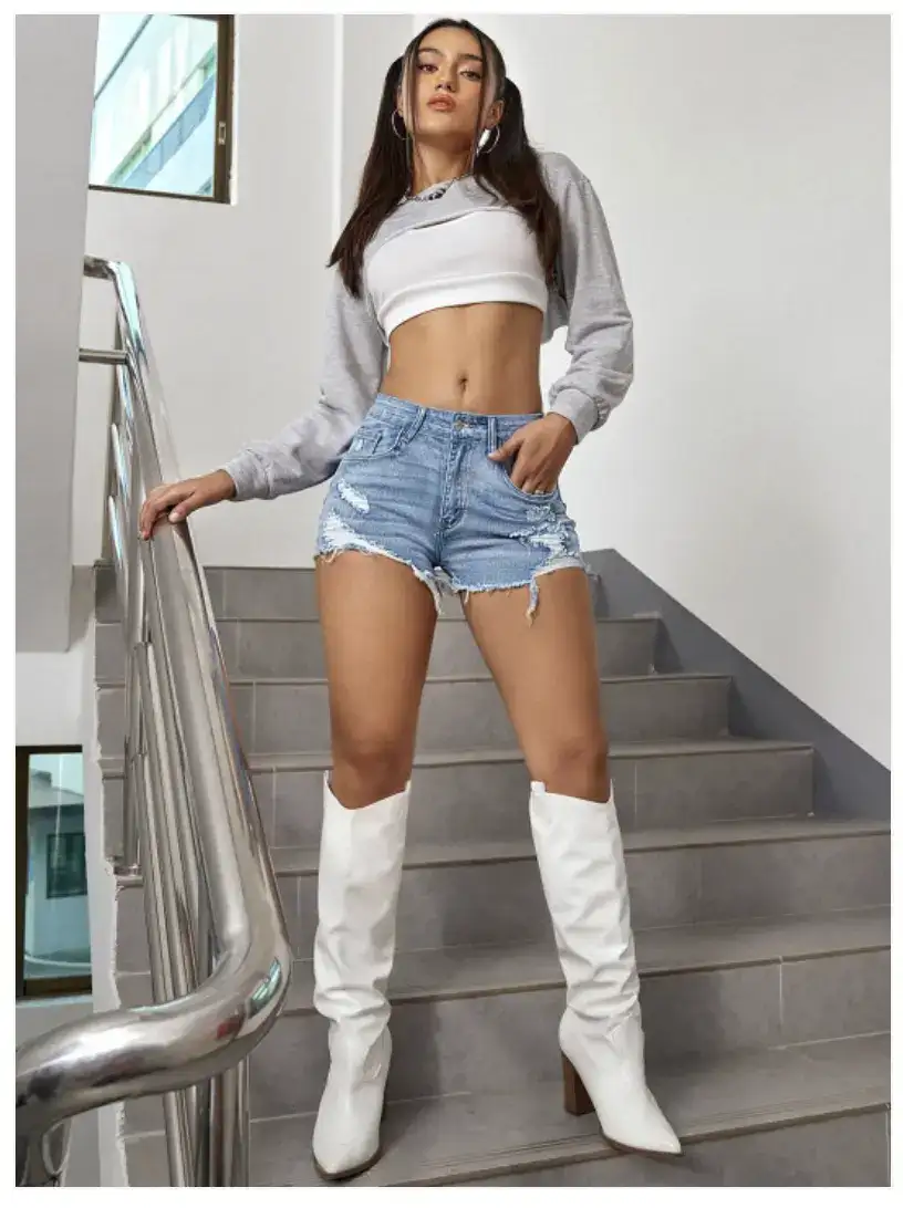 Image for AvanovaWomenDistressedHigh-RiseFrayedCottonDenimShorts
