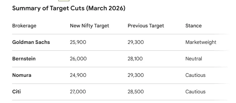 Summary of target cuts in march 26