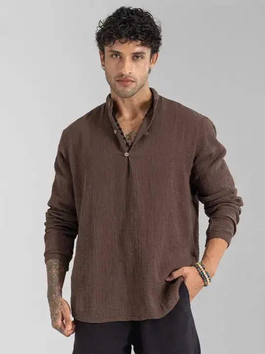 Image for TheVeshtiCompany-StripedSelfDesignBandCollarLongSleevesPureCottonKurta
