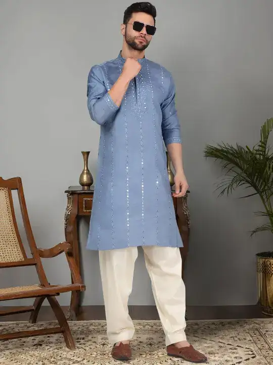 Image for KRAFTINDIALUXE-EthnicMotifsEmbroideredMirrorWorkCottonSilkStraightKurta