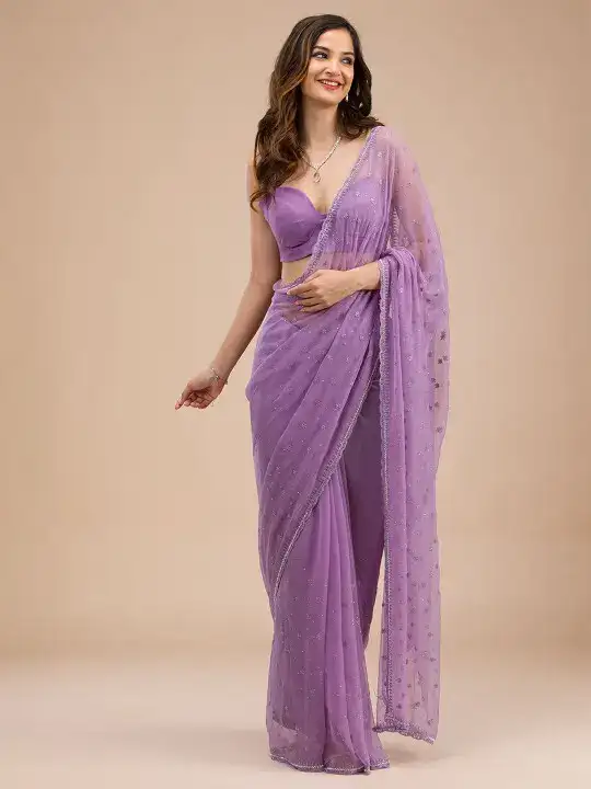 Image for Koskii-FloralBeadsandStonesPureChiffonSaree