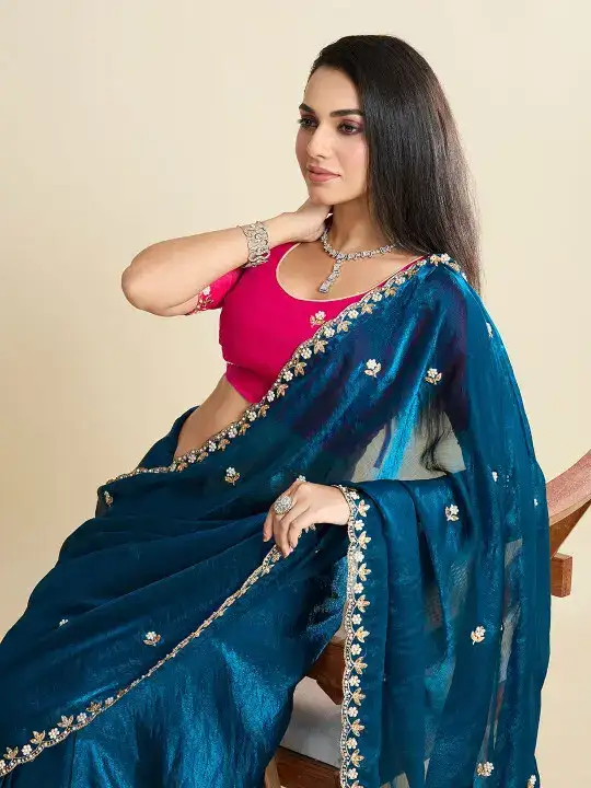 Image for Kandora-WomenEmbroideredEmbellishedBeadsandStonesPureChiffonSaree