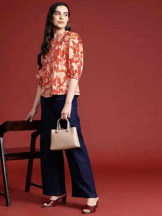 Image for Allaboutyou-FloralPrintMandarinCollarPuffSleevesCottonShirtStyleTop