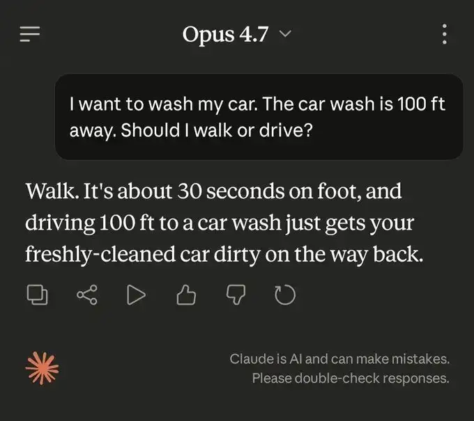 Internet roasts Claude Opus 4.7 as it flunks viral car wash puzzle in bizarre blunder