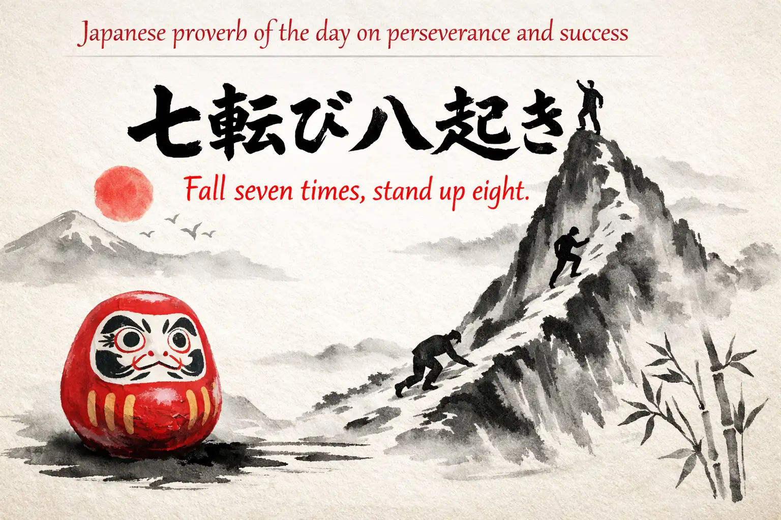 Japanese proverb of the day on perseverance and success “Fall seven times, stand up eight” This timeless saying reminds us no one succeeds at first, you must keep going— Life lessons on dealing with failure and building inner strength
