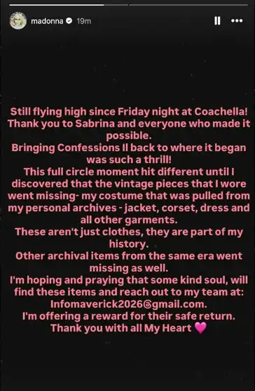 Madonna Coachella vintage outfits gone missing? Pop icon surprise performance, missing wardrobe police report, outfits list, Instagram message, public appeal, reward for garments safe return