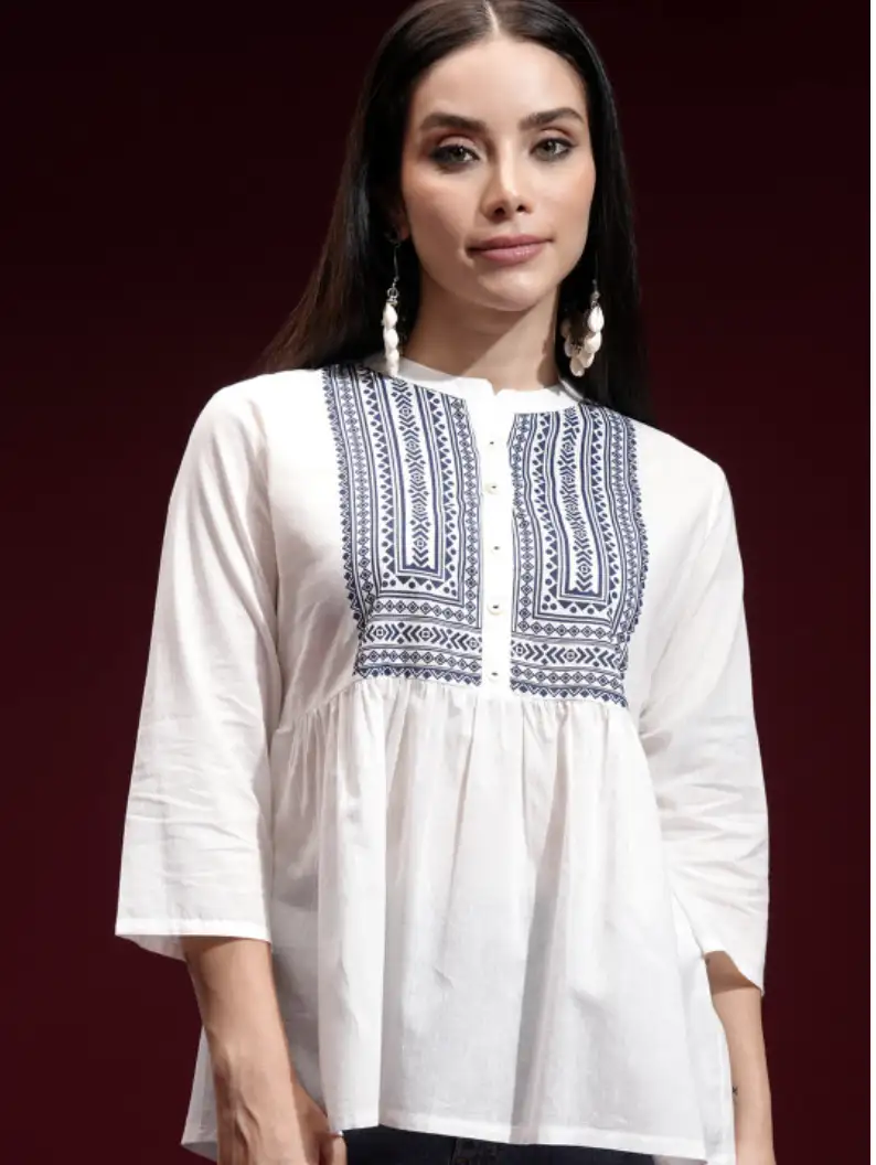 Image for VishudhOffWhite%26BlueGeometricPrintedMandarinCollarEmpireTop