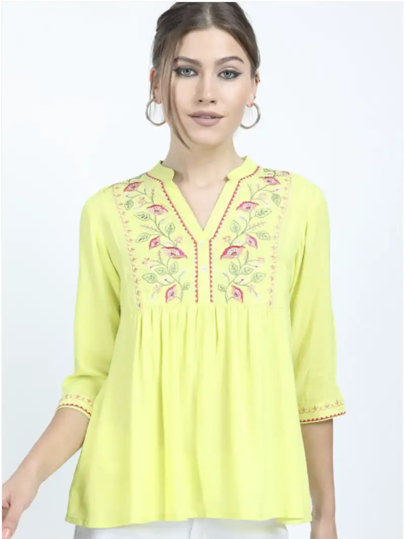 Image for VishudhYellowFloralEmbroideredMandarinCollarTop