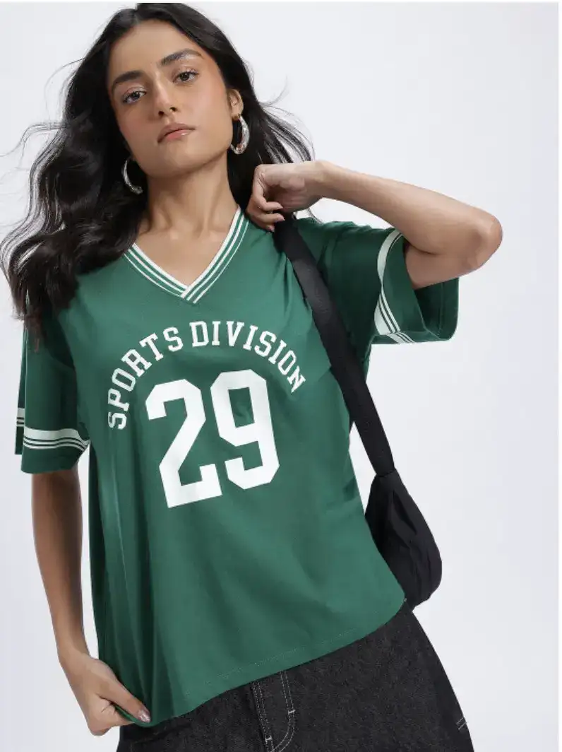 Image for glitchezWomenVarsityPrintedV-NeckOversizedTshirt