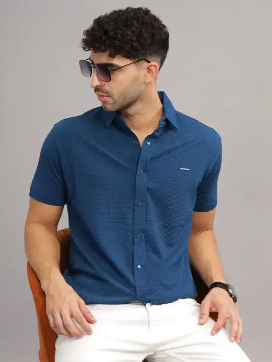 Image for ParcelYard-ClassicGeometricSelfDesignSpreadCollarCottonCasualShirt