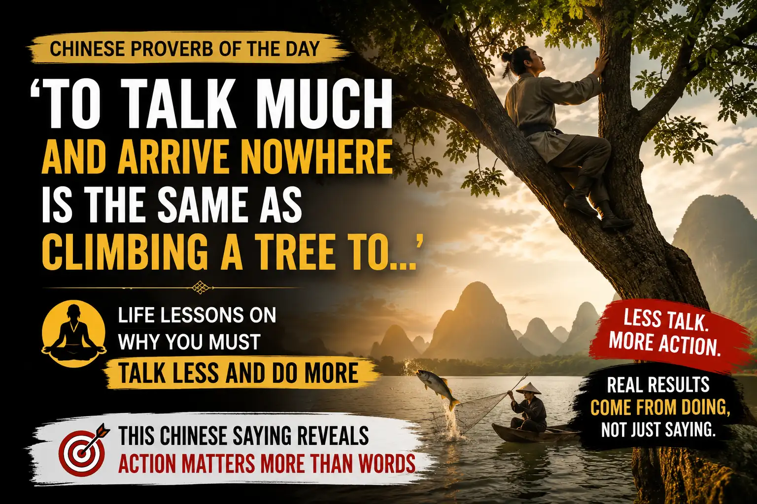 Chinese proverb of the day: 'To talk much and arrive nowhere is the same as climbing a tree to...' - life lessons on why you must talk less and do more as this Chinese saying reveals action matters more than words