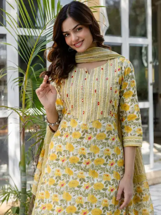 Image for AnoukRustic-Women'sFloralPrintedPureCottonKurtawithTrousers%26Dupatta