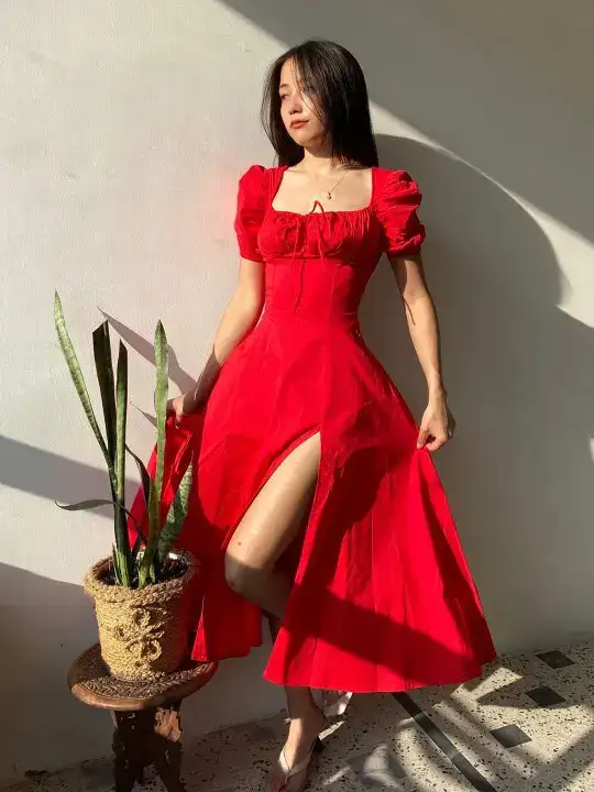 Image for ELYRAA-PuffSleeveCottonCorsetMidiDress