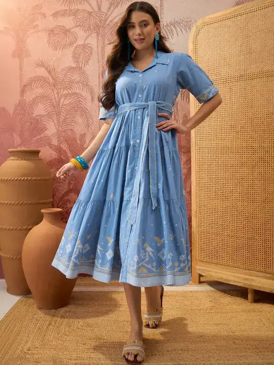 Image for Sangria-PrintedCottonShirtCollarA-LineMidiTieredDress