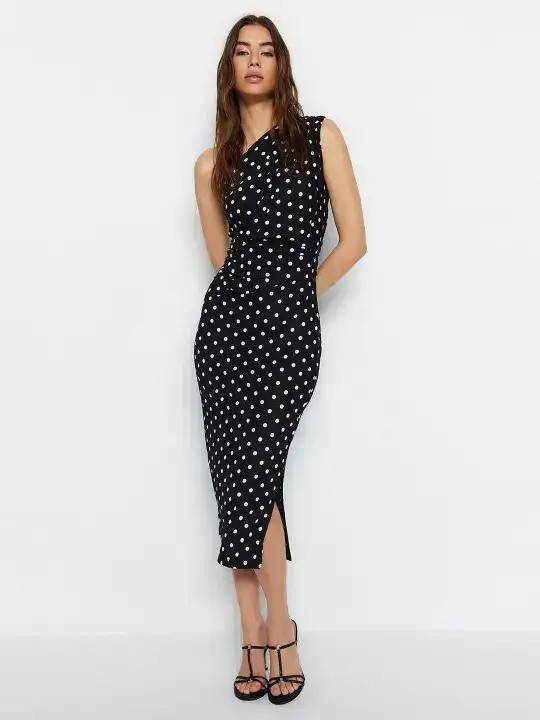 Image for Trendyol-PolkaDotPrintedOne-ShoulderSheathMidiDress