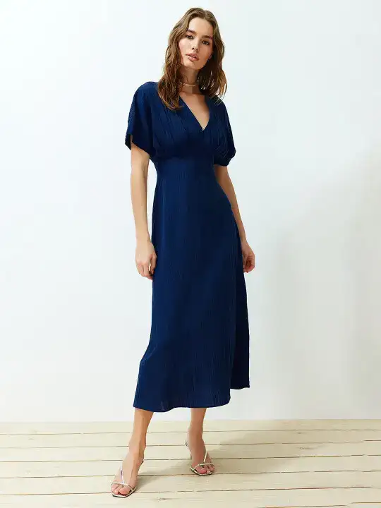 Image for Trendyol-SelfDesignV-NeckPleatedMidiEmpireDress