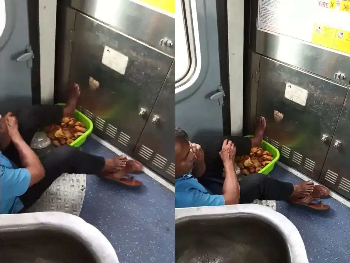 Samosa vendor sits with his feet on samosas in moving train, shocking video goes viral