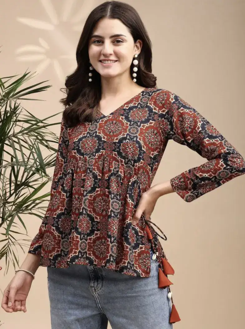 Image for YouthnicWomenAjrakPrintAliacutPeplumKurtiWithTasselsandKodi