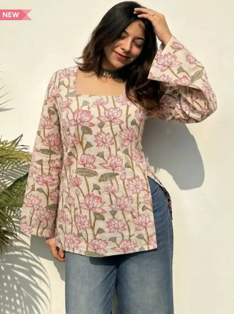 Image for JAHIDACOMFORTWITHSTYLEFloralPrintedSquareNeckPureCottonKurti