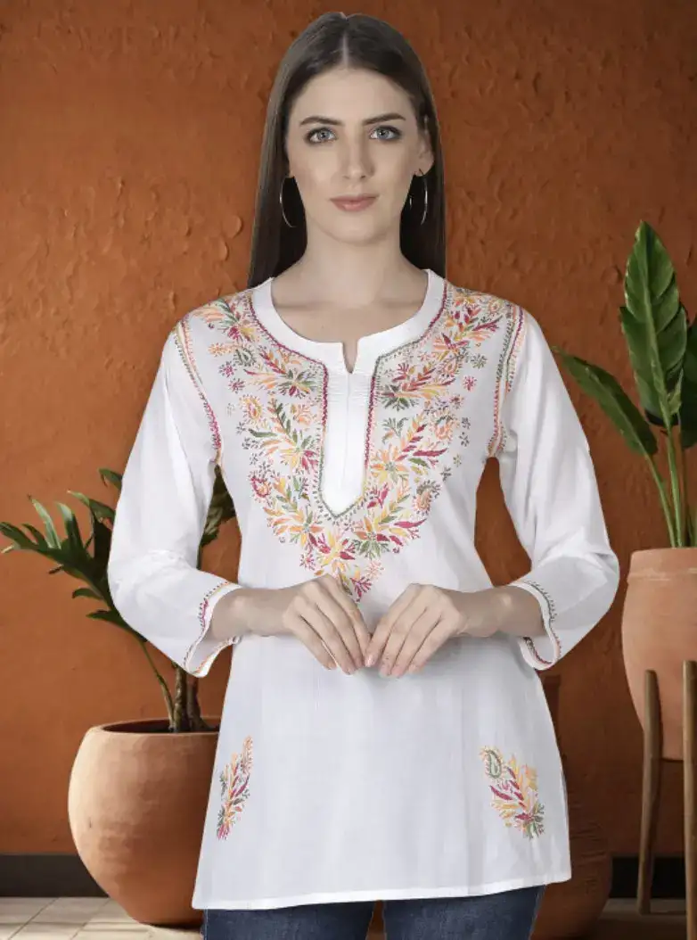 Image for SevaChikanWomenEthnicMotifsEmbroideredHandloomChikankariKurti