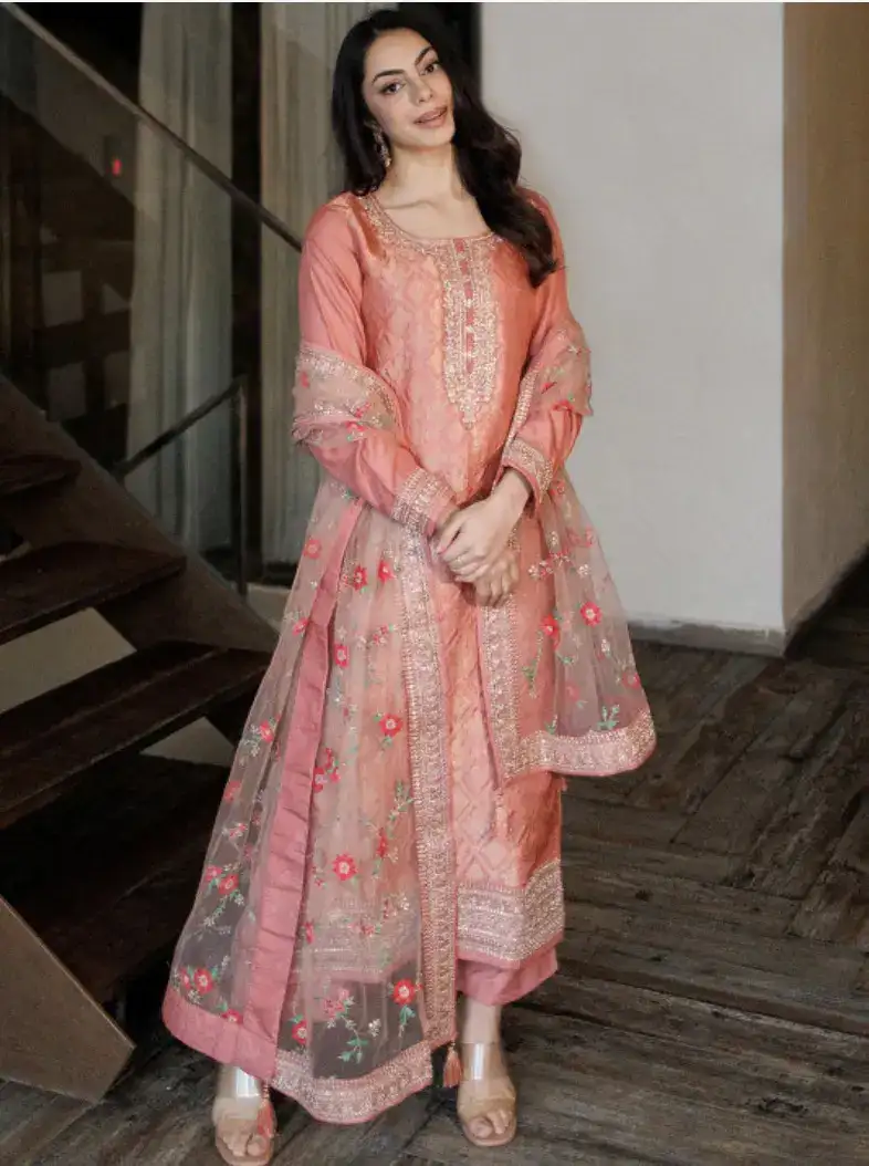 Image for LibasWomenPeach-ColouredFloralKurtawithTrousers%26Dupatta