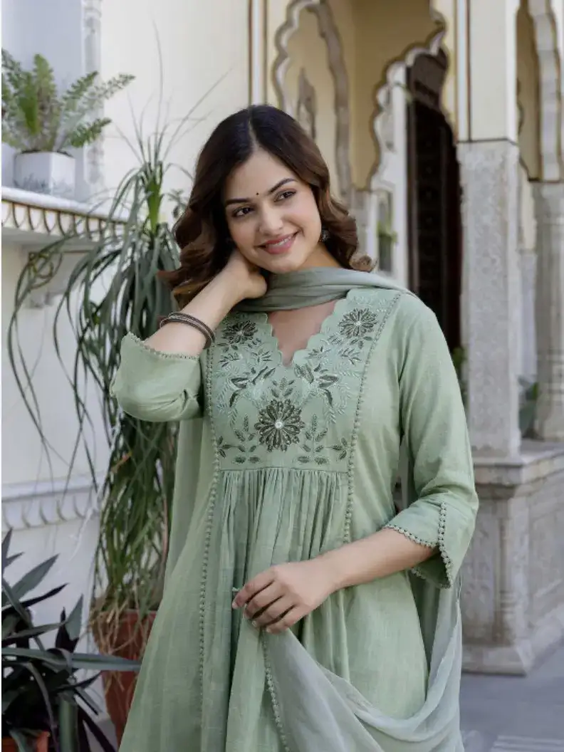 Image for AnoukFloralYokeDesignV-NeckEmpireAariWorkPureCottonKurtawithPyjamas%26Dupatta