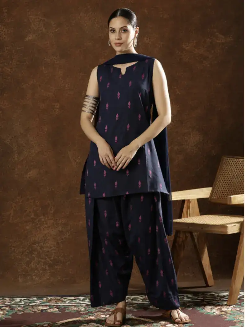 Image for AnoukWomenCottonPrintedNotchNeckStraightKurtiFarshiSalwarwithDupatta