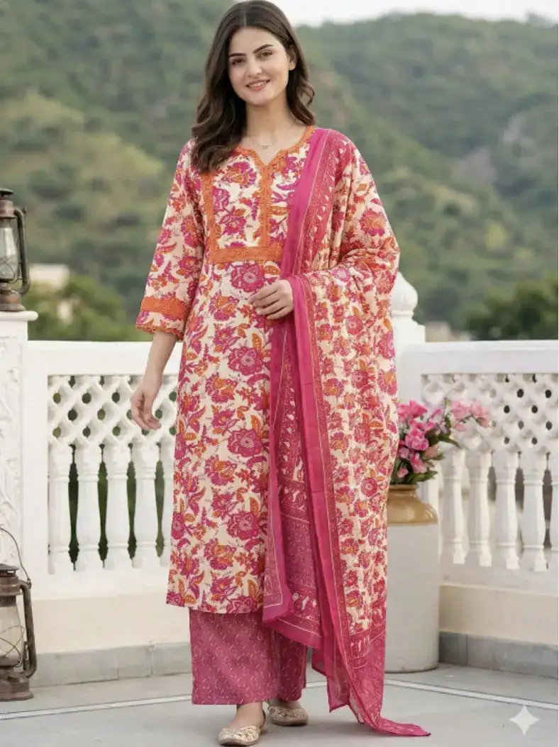 Image for AnoukWomenFloralPrintedRegularPureCottonKurtawithPalazzos%26WithDupatta
