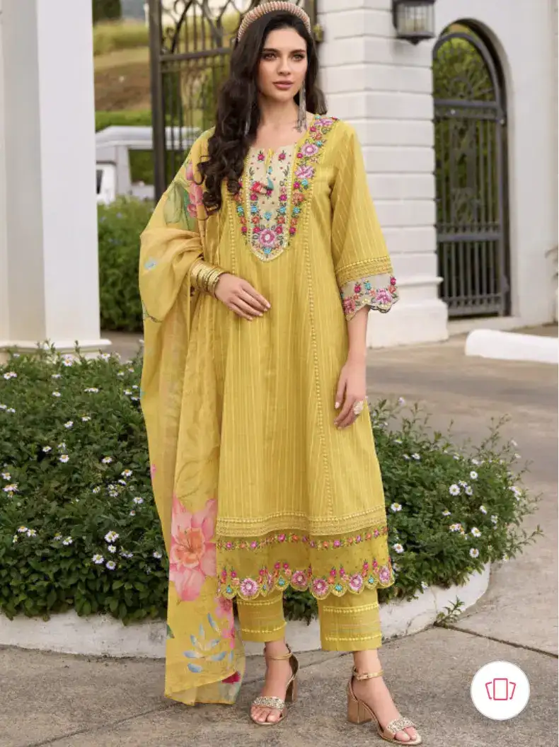 Image for IndoEraWomenFloralEmbroideredRegularThreadWorkPureCottonKurtaSets