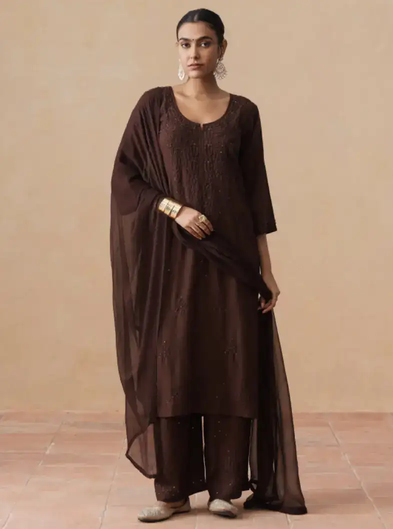 Image for allaboutyouWomenEmbroideredRegularChikankariKurtawithPalazzos%26WithDupatta