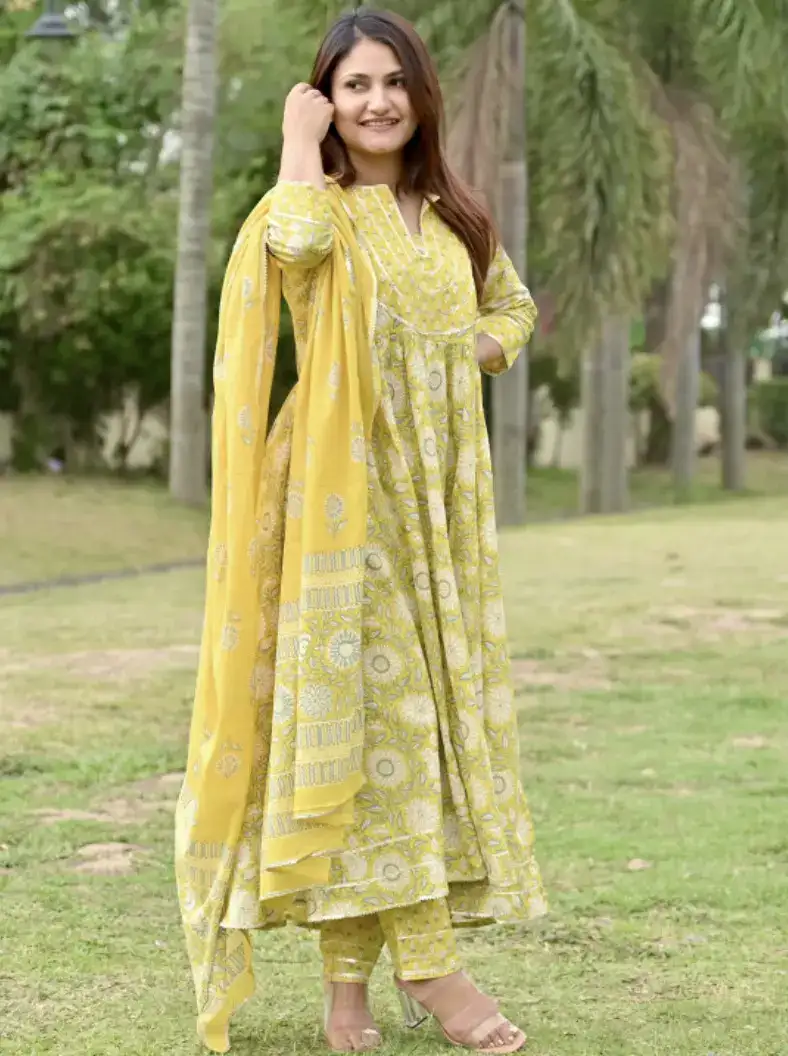 Image for LibasWomensYellowYokeDesignCottonAnarkaliKurtaWithTrousers%26Dupatta