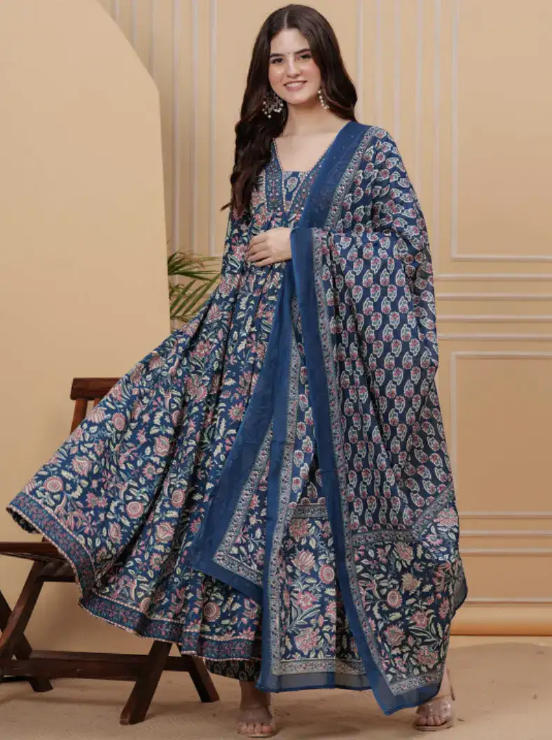 Image for MizazFloralPrintedEmpireStylePureCottonAnarkaliKurtaWithTrousers%26Dupatta