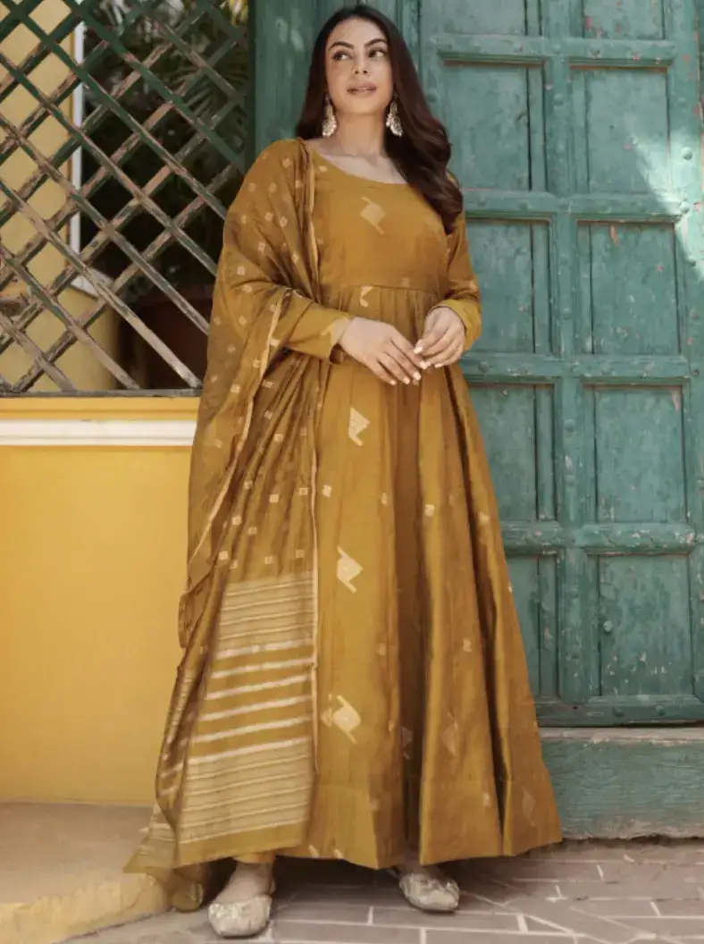 Image for LibasWomensMustardWovenDesignAnarkaliKurtaWithPalazzos%26Dupatta