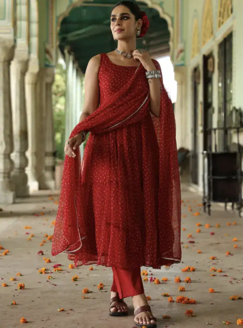 Image for AnaynaWomenBandhaniPrintedTieredGottaPattiKurtawithTrousers%26Dupatta