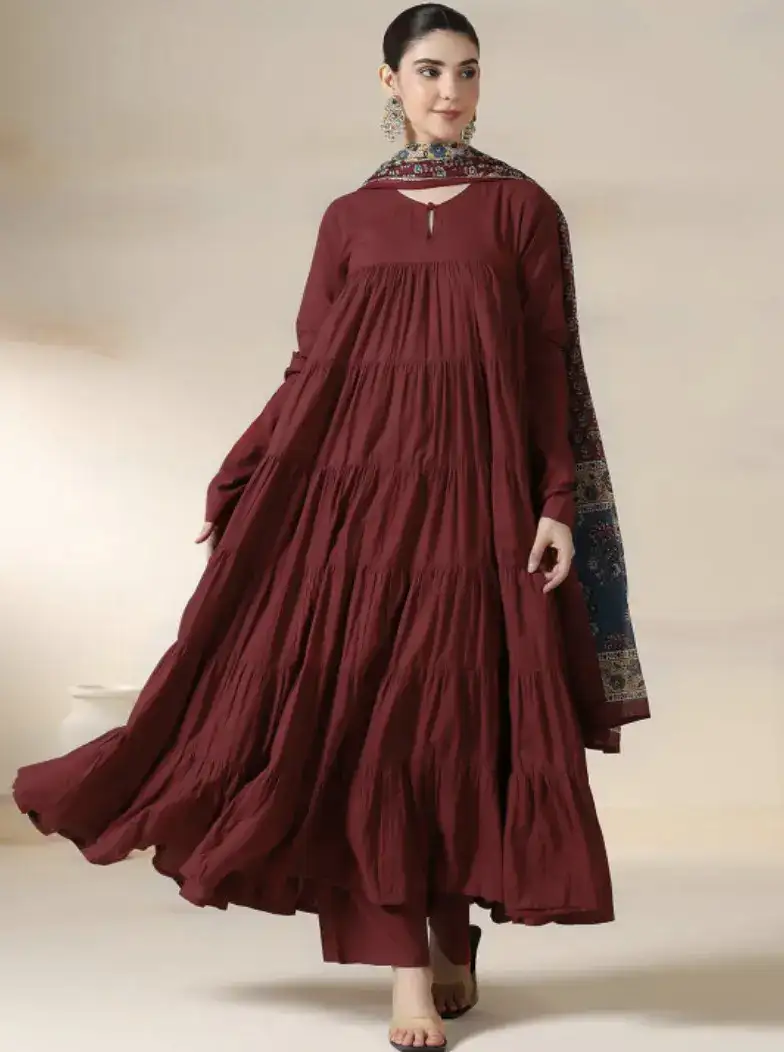 Image for MizazWomenSolidCottonAnarkaliKurtawithTrousers%26Dupatta