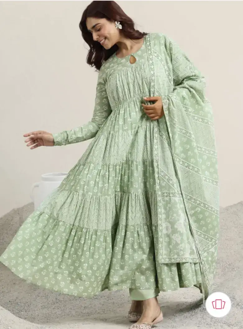 Image for LibasWomensGreenPrintedCottonAnarkaliKurtaWithTrousers%26Dupatta