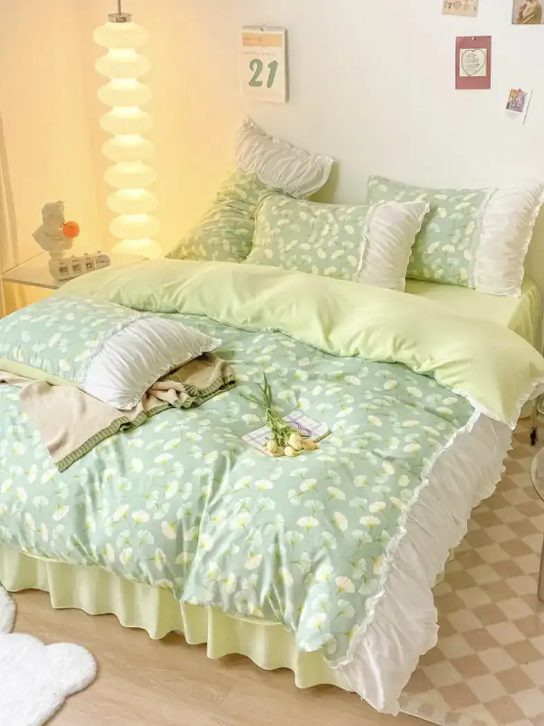Image for CHOMEGreen%26YellowFloralPrintedDoubleKingBeddingSet
