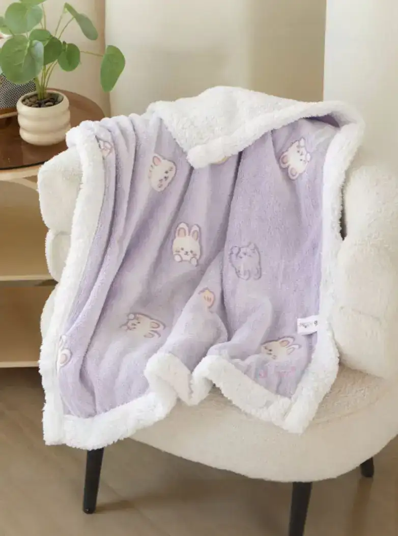 Image for ButterthiefKidsLavender%26WhiteCartoonCharactersSherpaHeavyWinter233GSMBlanket