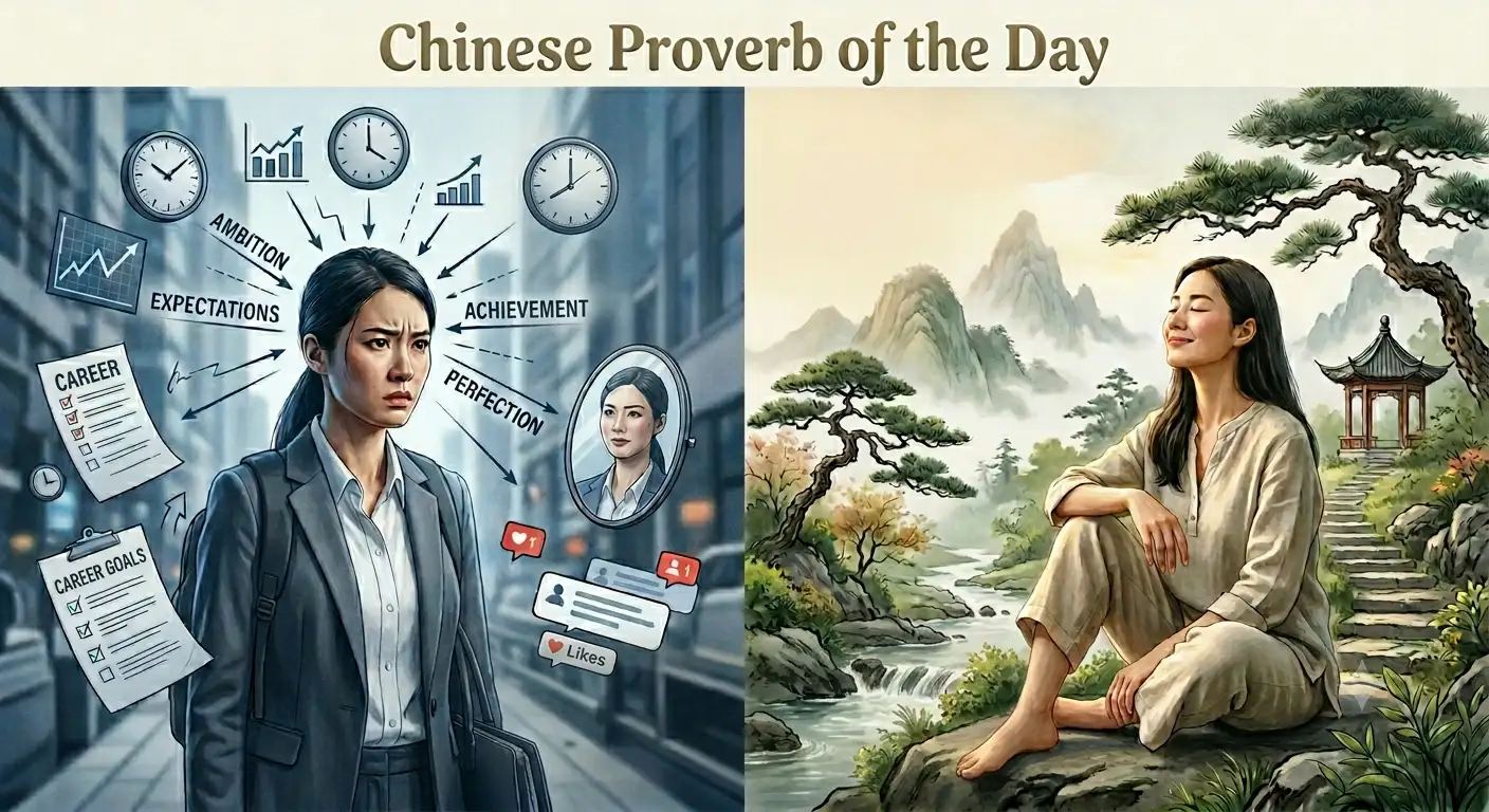 Chinese proverb of the day: 'Tension is who you think you should be. Relaxation is...' - motivational life lessons on finding peace within yourself, letting go of unrealistic expectations and why being yourself will give you lasting happiness