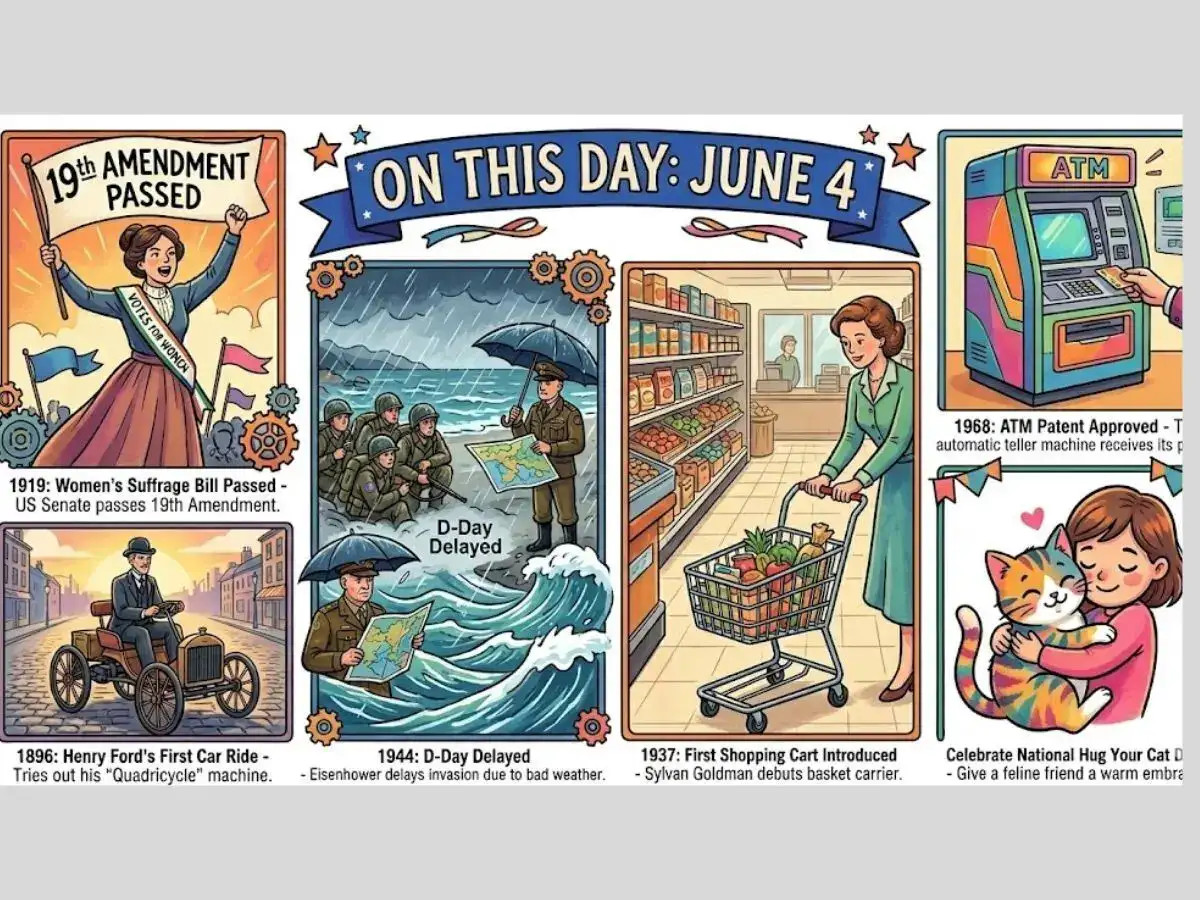 On This Day, June 4: Iran's supreme leader elected, women's suffrage bill passed, ATM patent approved, D-Day delayed, first shopping cart introduced, Henry Ford's first car ride and National Hug Your Cat Day