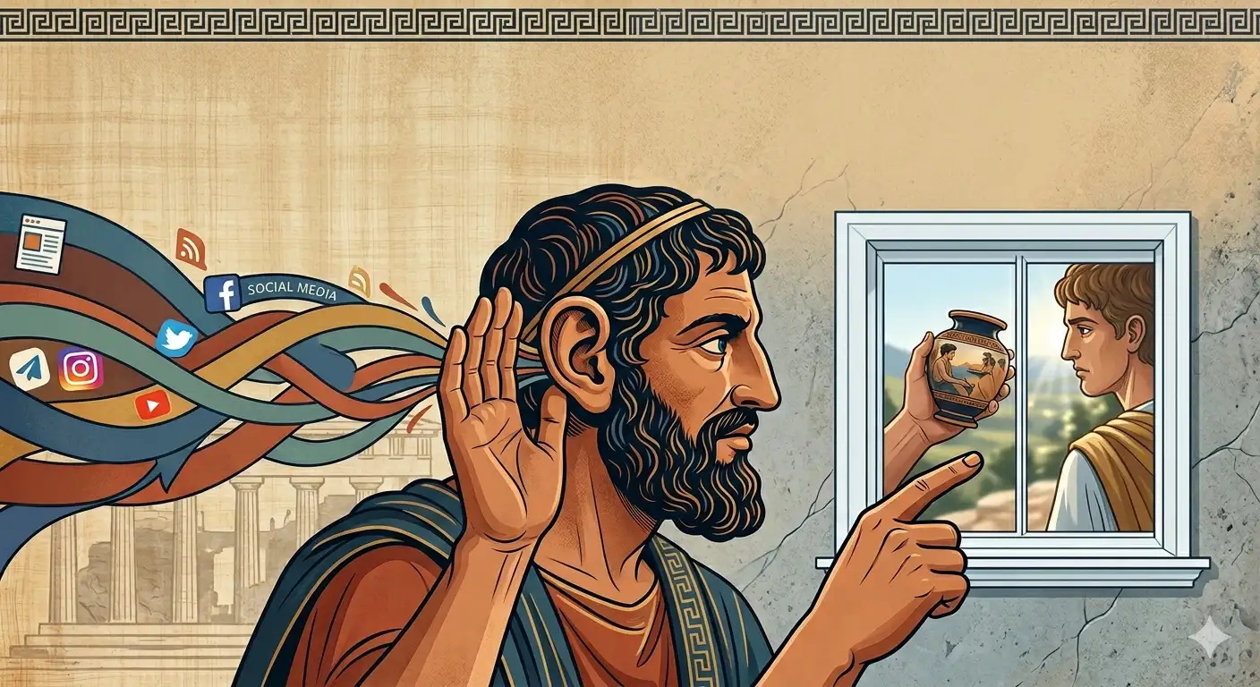 Greek proverb of the day: 'Through our ears others may persuade us not to believe the evidence of...' - motivational life lessons on critical thinking, trusting facts and evidence over opinions and how to not get manipulated and navigate misinformation and social influence