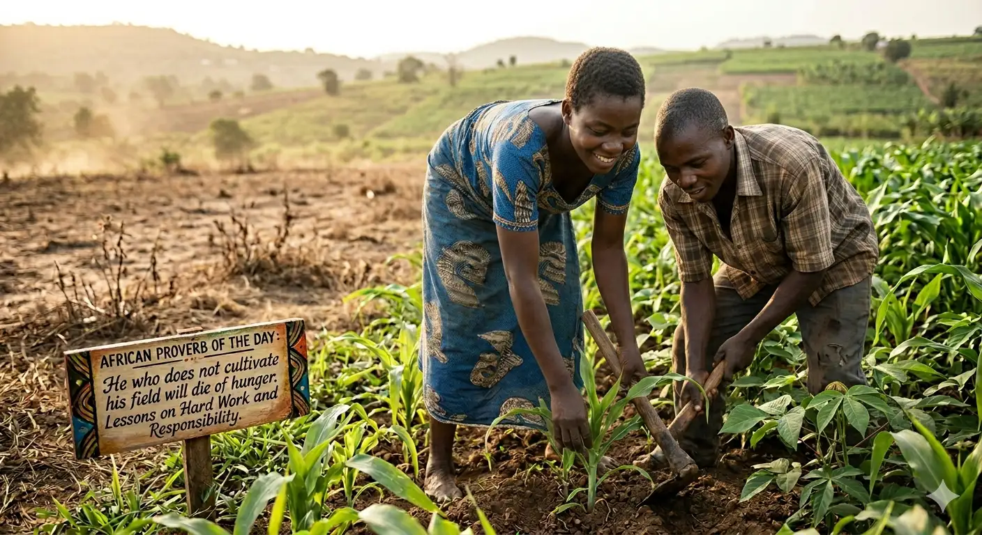 African proverb of the day: 'He who does not cultivate his field will die of...' - motivational life lessons on hard work, discipline, personal responsibility, value of consistent effort and understanding why some people succeed and others don't