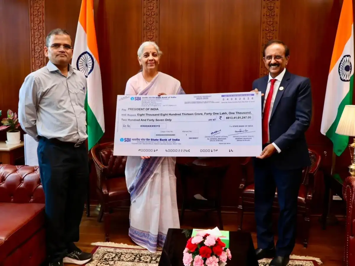 State Bank of India hands over Rs 8,813 cr dividend cheque to government for FY26