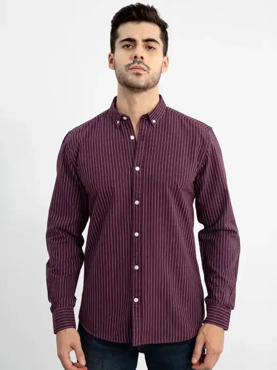 Image for Snitch-MaroonClassicStripedButton-DownCollarSlimFitCottonCasualShirt