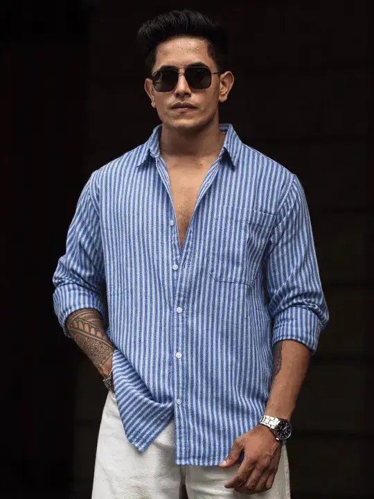 Image for Powerlook-MenSpreadCollarVerticalStripedCottonCasualShirt