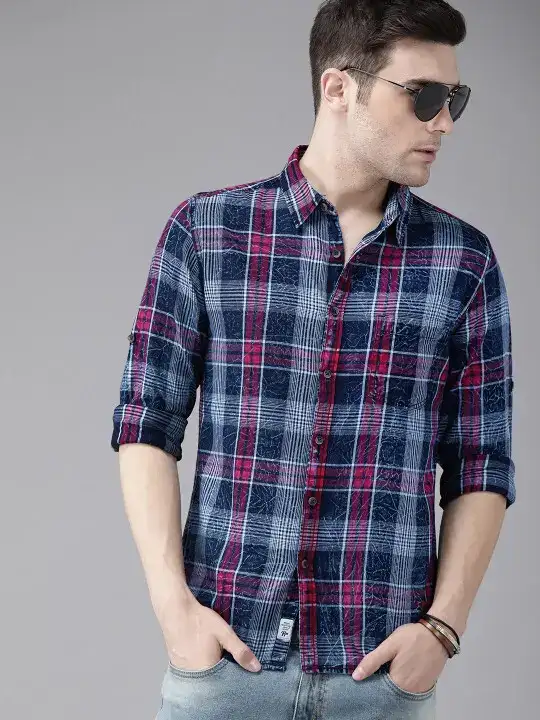 Image for Roadster-MenNavyBlueMagentaPinkRegularFitCheckedCasualShirt