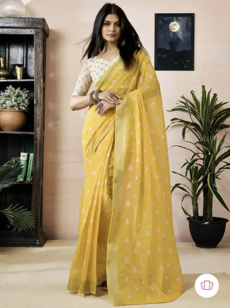 Image for SatraniFloralPrintedZariPureLinenReady-to-WearSaree
