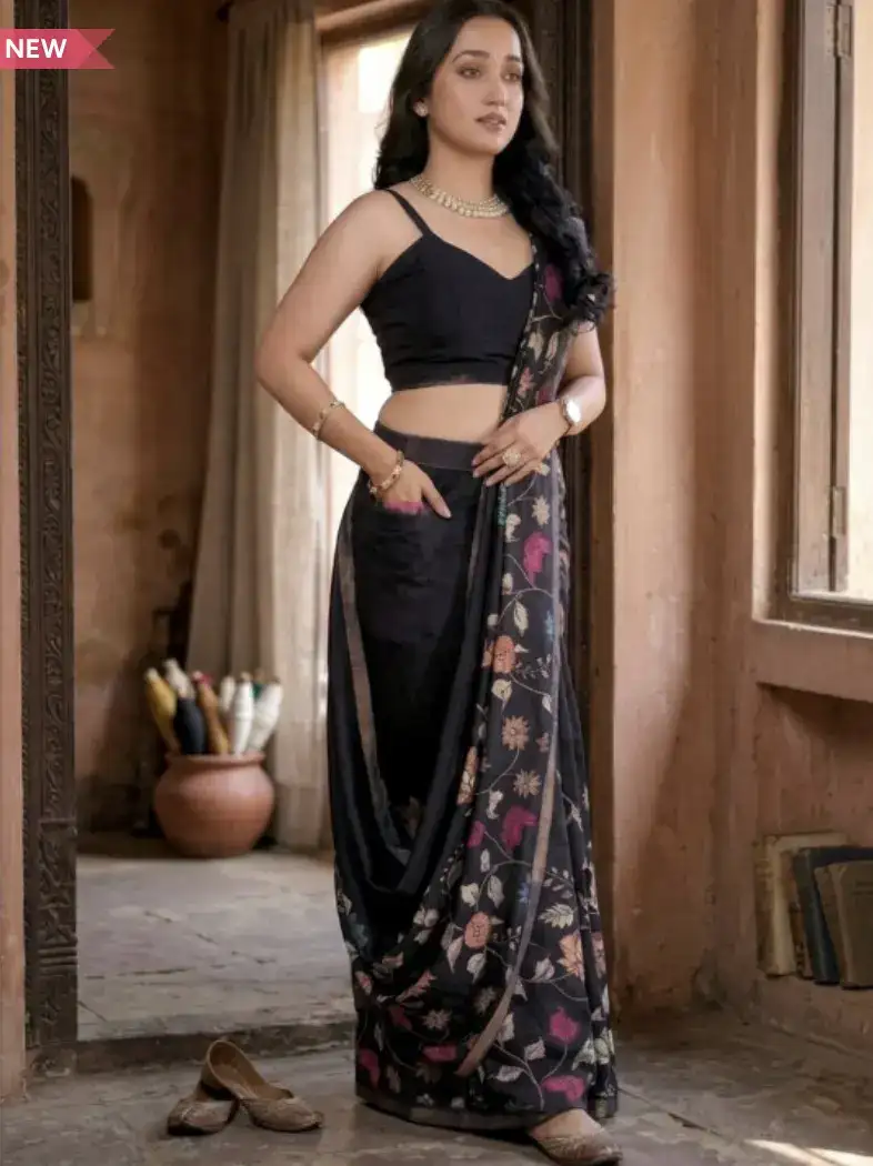 Image for SAMANTHAFloralZariLinenBlendFusionKhadiSaree